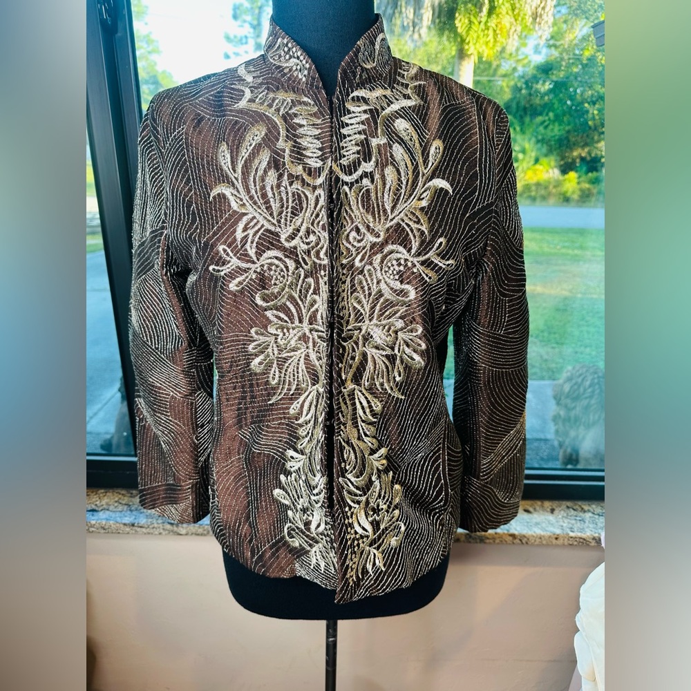 Chicos Flora Dream Jacket Blazer Brown Embroidered Metallic Lined SZ Large